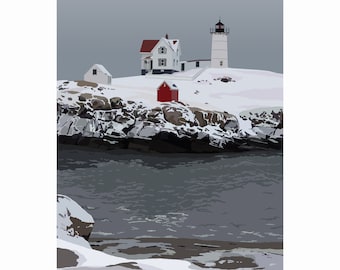 May include: A white lighthouse with a red roof stands on a snowy, rocky island. A smaller white house with a red roof is to the left of the lighthouse. The island is surrounded by a body of water.