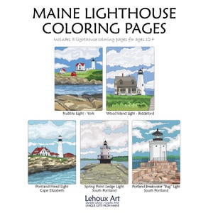 Puede incluir: Cinco páginas para colorear en blanco y negro con faros en Maine. Las páginas incluyen Nubble Light, Wood Island Light, Portland Head Light, Spring Point Ledge Light y Portland Breakwater "Bug" Light. El texto "Lehoux Art" está en la parte inferior de la página.