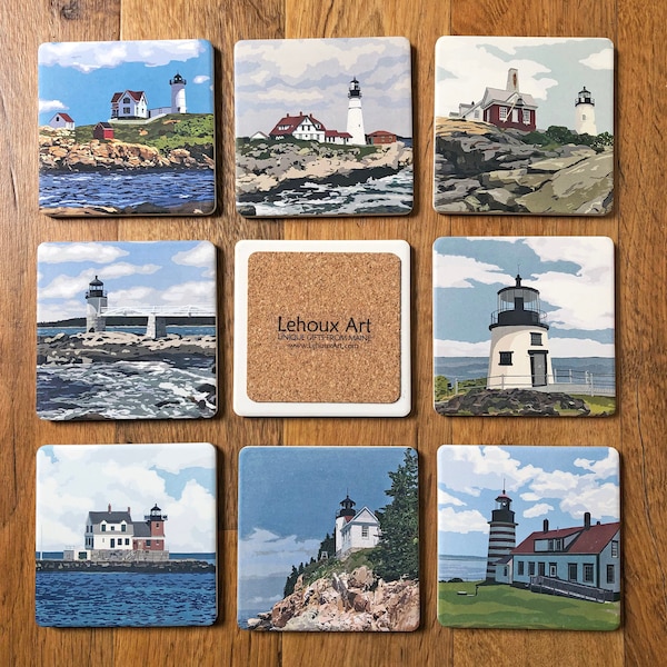 Maine Lighthouse Coasters - Nubble, Portland Head, Spring Point, Pemaquid, Marshall Point, Owls Head, Rockland, Curtis, Bass Harbor, Quoddy