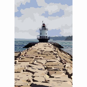 May include: A white lighthouse with a black roof and red light stands on a rocky outcropping in the ocean. The lighthouse is surrounded by water and a cloudy sky.
