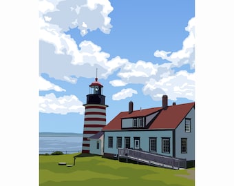 May include: A red and white striped lighthouse with a black roof and a white house next to it. The lighthouse is on a grassy hill with a blue sky and white clouds in the background.