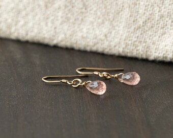 Minimalist Strawberry Quartz earrings, Gold filled dangle earrings, Natural gemstone earrings, Sterling silver, Healing stone earrings, Gift