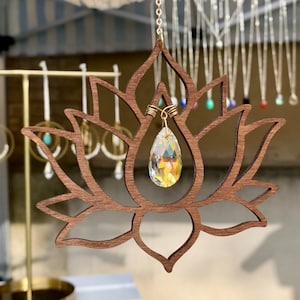 Lotus Suncatcher - Brass Home Decor - crystal home decor - Sparkly home decor - Wood and crystal suncatcher - Gift for her