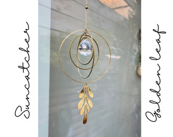 Golden Leaf Suncatcher - Celestial Brass Home Decor - Natural Moonstone decor - Prism hanging decor - Gemstone suncatcher - Gift for her