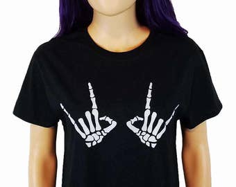 Rock On Skeleton Hands Painted T Shirt / Skeleton Hands Shirt / Creepy Cute Shirt / Rock Concert Shirt / Goth Grunge Tee / Death Metal Tee