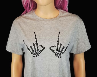 Rock On Skeleton Hands Painted T Shirt / Rock Festival Tees