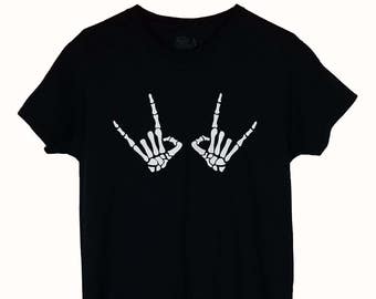Rock On Skeleton Hands Painted T Shirt / Rock Concert Tee / Rock Festival Shirt / Skeleton Hand Shirt / Skeleton Tee / Rock On Hands Tshirt