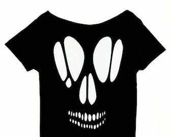 Off the Shoulder Skull Cutout Top, Goth Off the Shoulder Tops, Halloween Women's Tops, Ripped Boat Neck Skull Shirt
