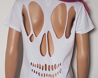 Skull Cut Out T Shirt / Women's Distressed Tee / Goth Ripped Skull Shirt / Cutout Skull Top / Creepy Cute Aesthetic / Cutout Shirts / Skull