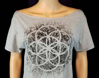 Seed of Life Painted Off the Shoulder Top / Distressed Sacred Geometry Boat Neck Tee