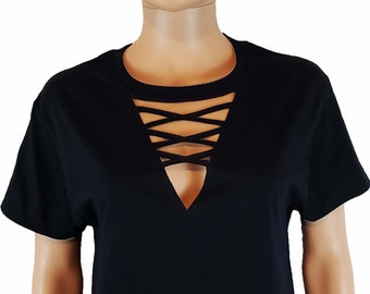 Lace Up V Neck Choker Cutout T Shirt / Faux Corset Neck Top