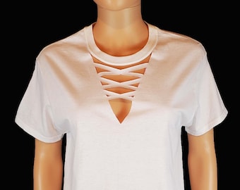 Faux Laced Up V Neck Choker T Shirt / Laced Up Deep V Top