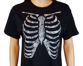 Distressed Rib Cage Hand-painted T Shirt / Halloween Ribcage Shirt