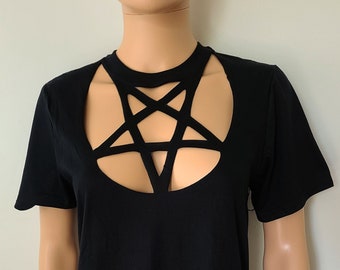 Pentagram Neckline Cut Out T Shirt / Faux Harness Pentacle Shirt / Upside Down Star Neck Top