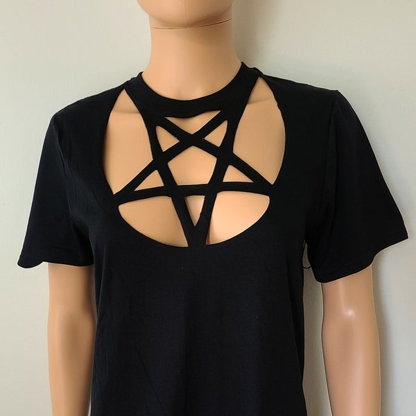 Pentagram Neckline Cut Out T Shirt / Faux Harness Pentacle Shirt / Upside Down Star Neck Top