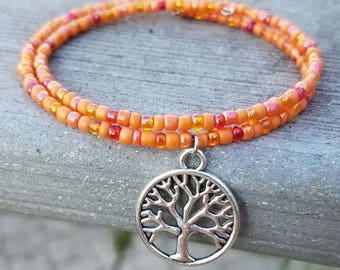 Tree of Life Memory Wire Bracelet with Orange Beads / Orange Tree of Life Bracelet