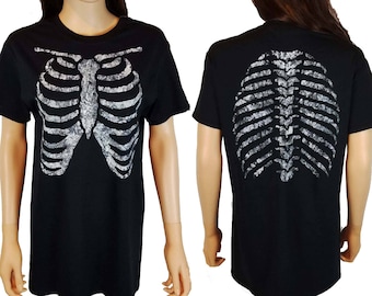 Rib Cage Hand Painted Front and Back T Shirt / Skeleton Shirt