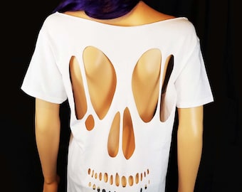 Off the Shoulder Cutout Skull Top / Spooky Shirts / Skull Shirt / Tattoo Shirts / Shredded Shirt / Ripped Skull Top / Rock Concert Outfit