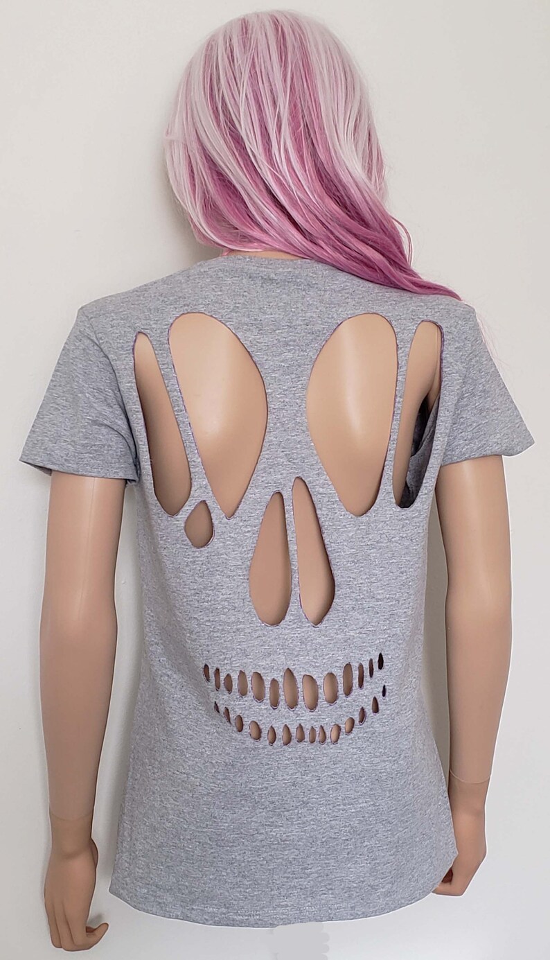 Women's Skull Cut Out T Shirt / Goth Ripped Skull Top / Goth Girl Shirts / Creepy Cute Skull Tee / Woman's Cutout Skull Shirt Gray