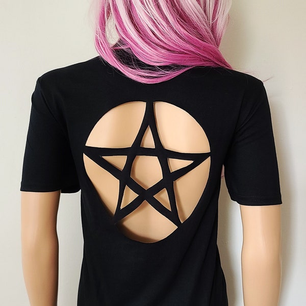 Pentacle Cut Out T Shirt / Wiccan Cutout Shirts / Witch Ripped Tops / Pentagram Distressed Shirt