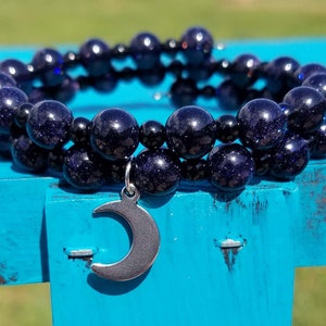 Moon Memory Wire Bracelet with Purple Glitter and Black Beads / Crescent Moon Bracelet / Purple Glitter Bracelet / Witchy Aesthetic / Moon