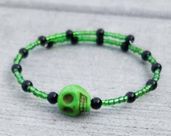 Green Skull Memory Wire Bracelet / Skull Gifts