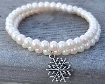 Multi-colored Glass Pearl Memory Wire Bracelet with Snowflake Charm