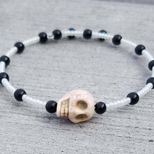 Pearl White Skull Memory Wire Bracelet / Skull Gifts