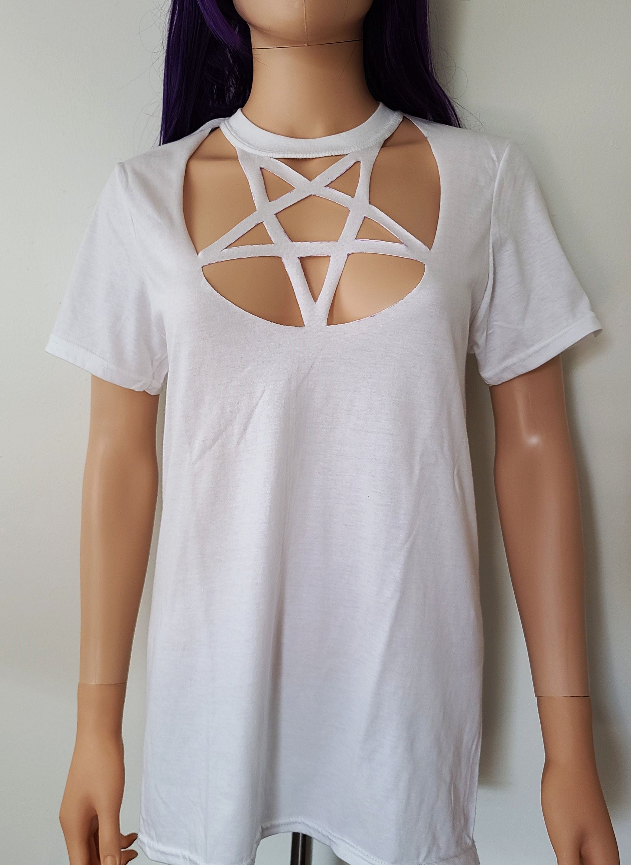Pentagram Neckline Cut Out T Shirt / Faux Harness Pentacle Shirt