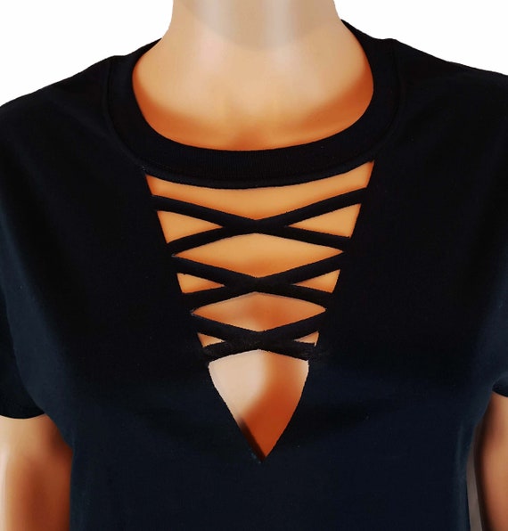 Lace V Neck Choker Cutout T Shirt / Faux Corset Neck Top Etsy