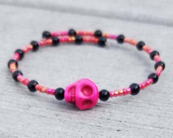 Pink Skull Memory Wire Bracelet / Skull Gifts