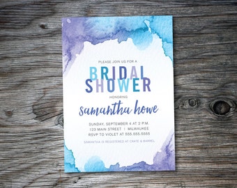 Bridal Shower Invite, Watercolor, Blue and Purple, Shower Invitation, Script Font, DIY, Printable, Print at Home, Wedding Shower, Digital