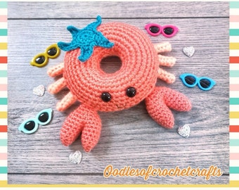 CROCHET PATTERN, Doughnut Buddy, Crab, Crochet pdf, with instant download, Baby rattle toy, baby shower, beach, Crochet gifts, seaside gift