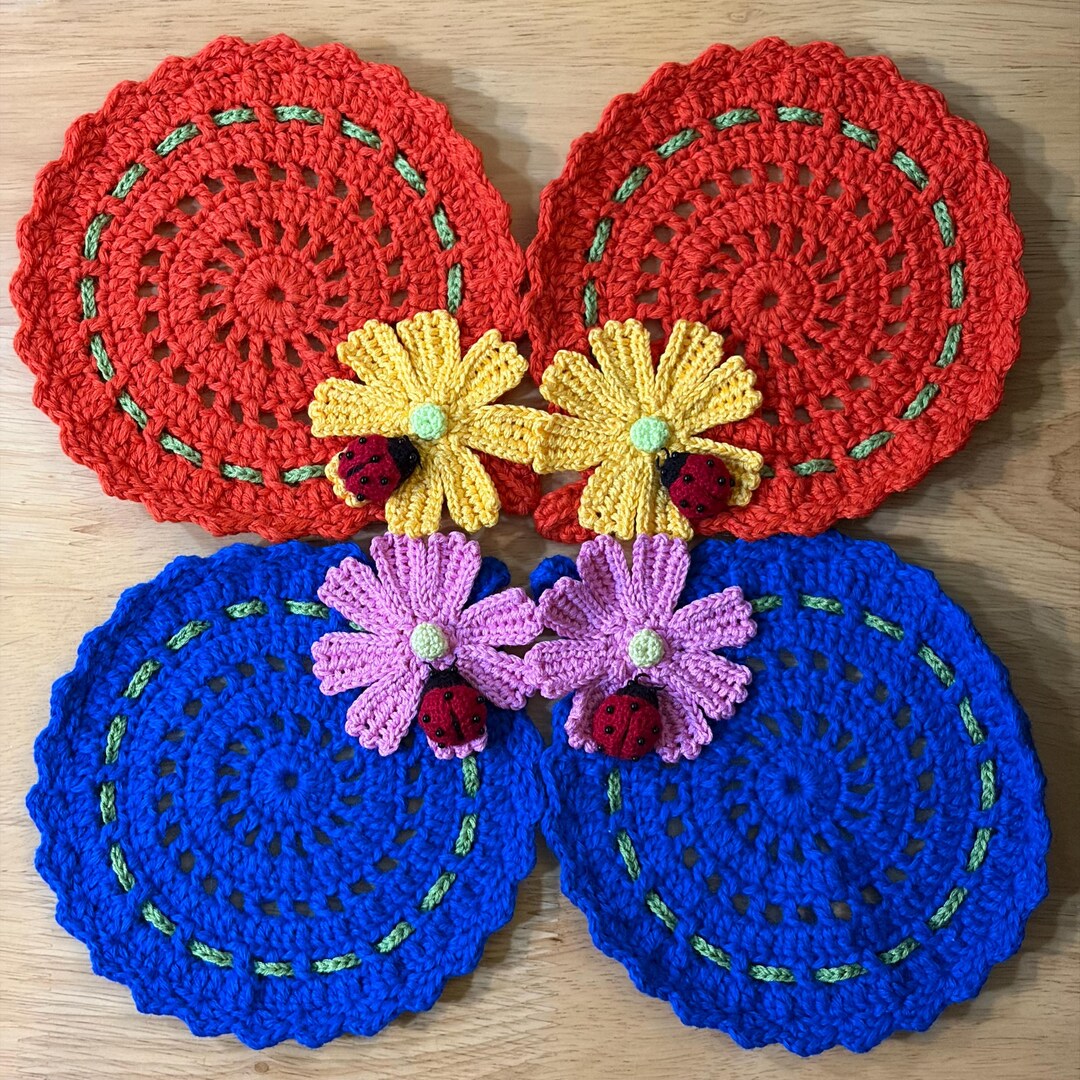 Handmade Crochet Flower Coasters Set – 4 Piece Crochet Coaster Set With ...