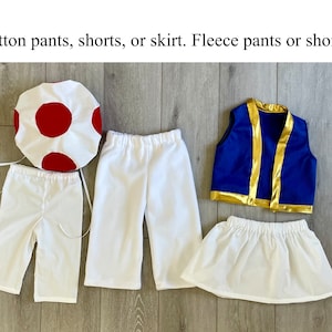 Piezas del disfraz de sapo: falda, pantalones, chaleco y sombrero de hongo de Super Mario