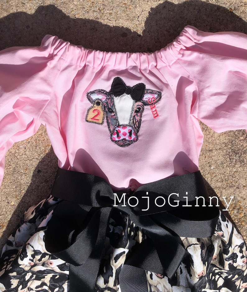 Girls Pink Flutter Cow Jumper Set Necklace Bow Farm Outfit 2T-8