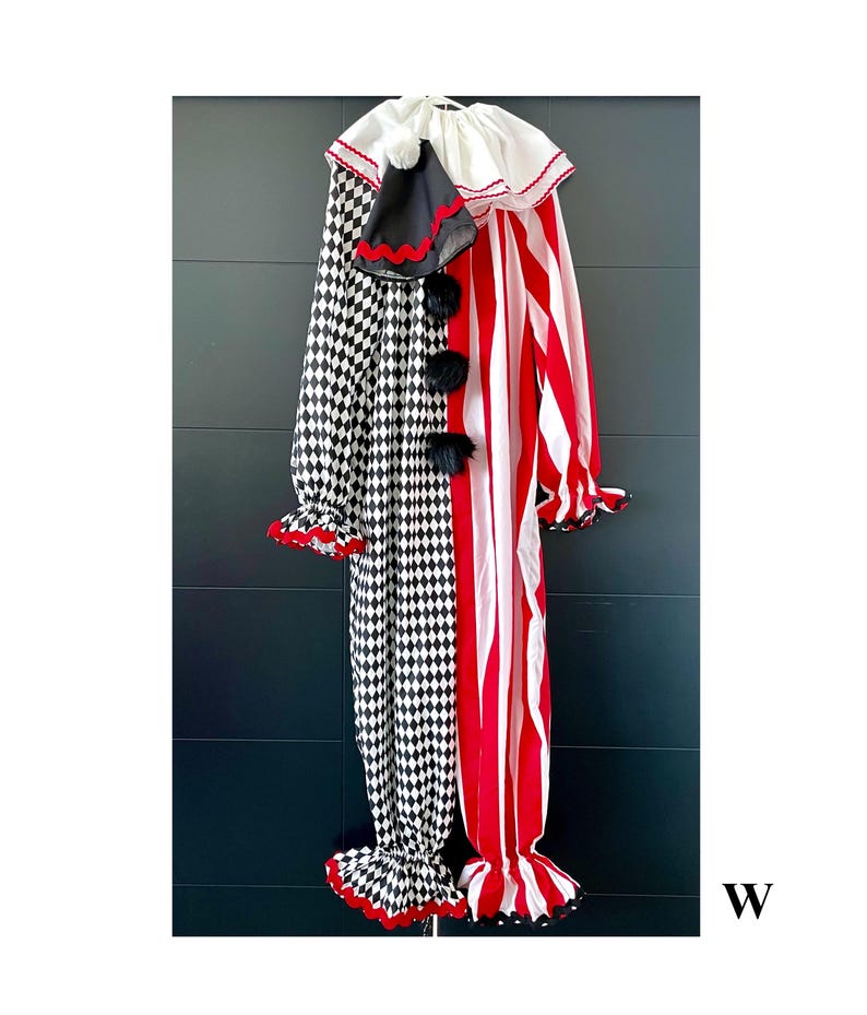 May include: A full-body clown costume with a black and white diamond pattern on one side and red and white stripes on the other. The costume has a white ruffled collar, black pom-poms, and red trim. The sleeves and pant legs are flared.