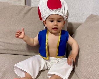 Kröten-Kostümteile in allen Größen für Babys, Kinder und Erwachsene – Super Mario, rote Kröten-Pilzmütze, blaue Weste + Hose + Mütze, Halloween in Übergrößen