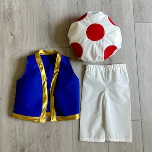Toad Costume Pieces in all sizes baby children adult - Super Mario Red Toad mushroom hat, blue vest + pants + cap Halloween plus sizes