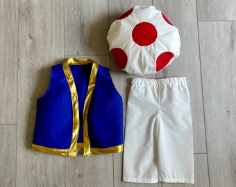 Toad Costume Pieces in all sizes baby children adult - Super Mario Red Toad mushroom hat, blue vest + pants + cap Halloween plus sizes