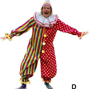 May include: A colorful clown costume featuring a red and white polka-dotted side and a rainbow striped side. The costume includes a ruffled collar, a matching hat, and yellow button accents. The sleeves and pant cuffs are trimmed with yellow ruffles.