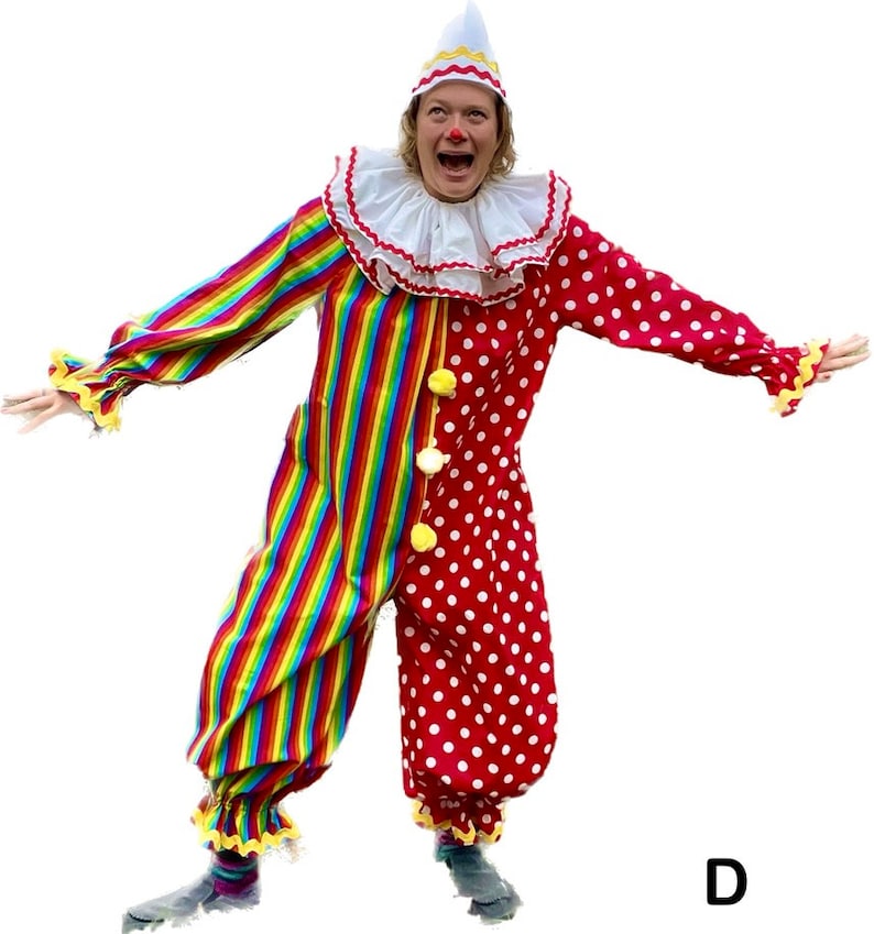 May include: A colorful clown costume featuring a red and white polka-dotted side and a rainbow striped side. The costume includes a ruffled collar, a matching hat, and yellow button accents. The sleeves and pant cuffs are trimmed with yellow ruffles.