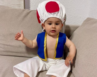 Toad Costume Pieces in all sizes baby children adult - Super Mario Red Toad mushroom hat, blue vest + pants + cap Halloween plus sizes