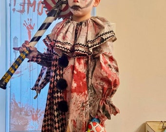 Zombie Clown costume bloody scary - professionally crafted quality cotton fabric- distressed Vintage Pierrot child adult plus size men women