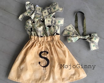 Money Bag tycoon Halloween costume for baby child girl boy women- cosplay cash bank teller wealthy Wall Street financial advisor investor