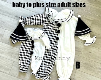 Clown costume handmade unique adult women men couple group girl baby boy family harlequin vintage scary Halloween Circus first birthday