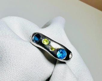 Choose your stone colors, Customizable handmade organic pure silver band ring, Handmade