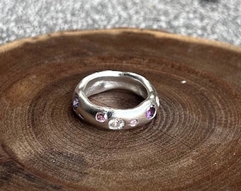 Choose your stone colors/ Bespoke pure silver band/ Chunky Organic shaped silver band/ CZ silver ring/ One of a kind