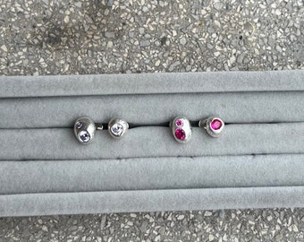 Choose your stone colors! Custom made minimalist stud earrings, Organic shaped asymmetrical silver stud earrings, one-of-a kind