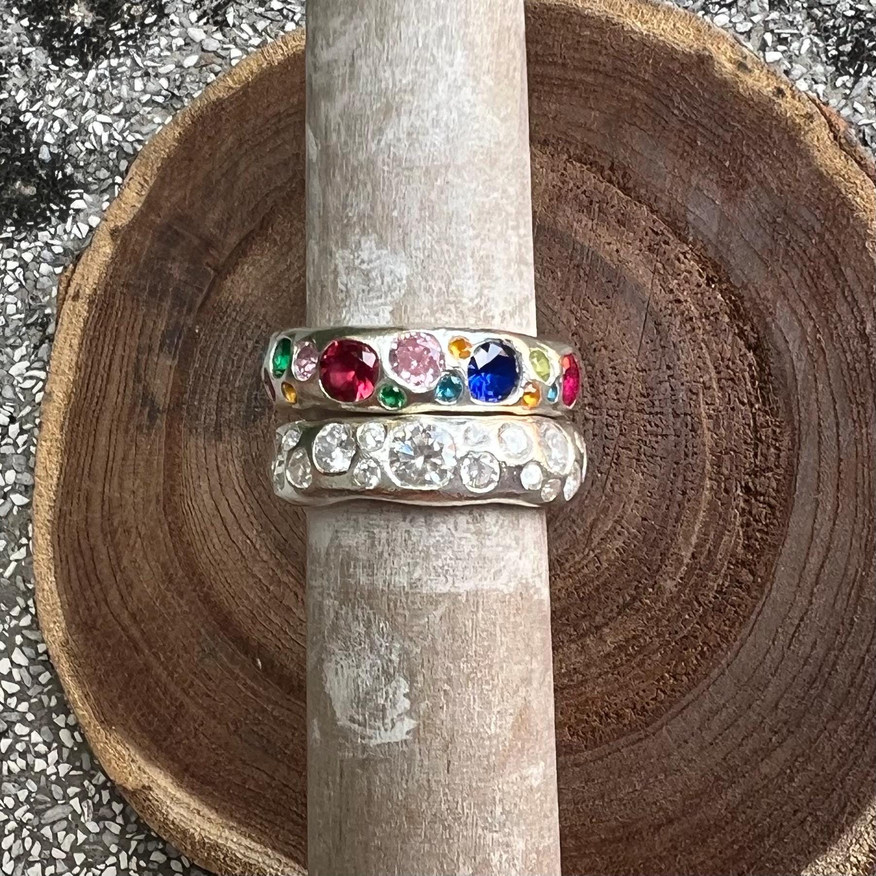 Choose your stone colors/ Custom made thick pure silver band/ Chunky Organic shaped silver band/ CZ stone silver ring/ Bespoke Jewelry
